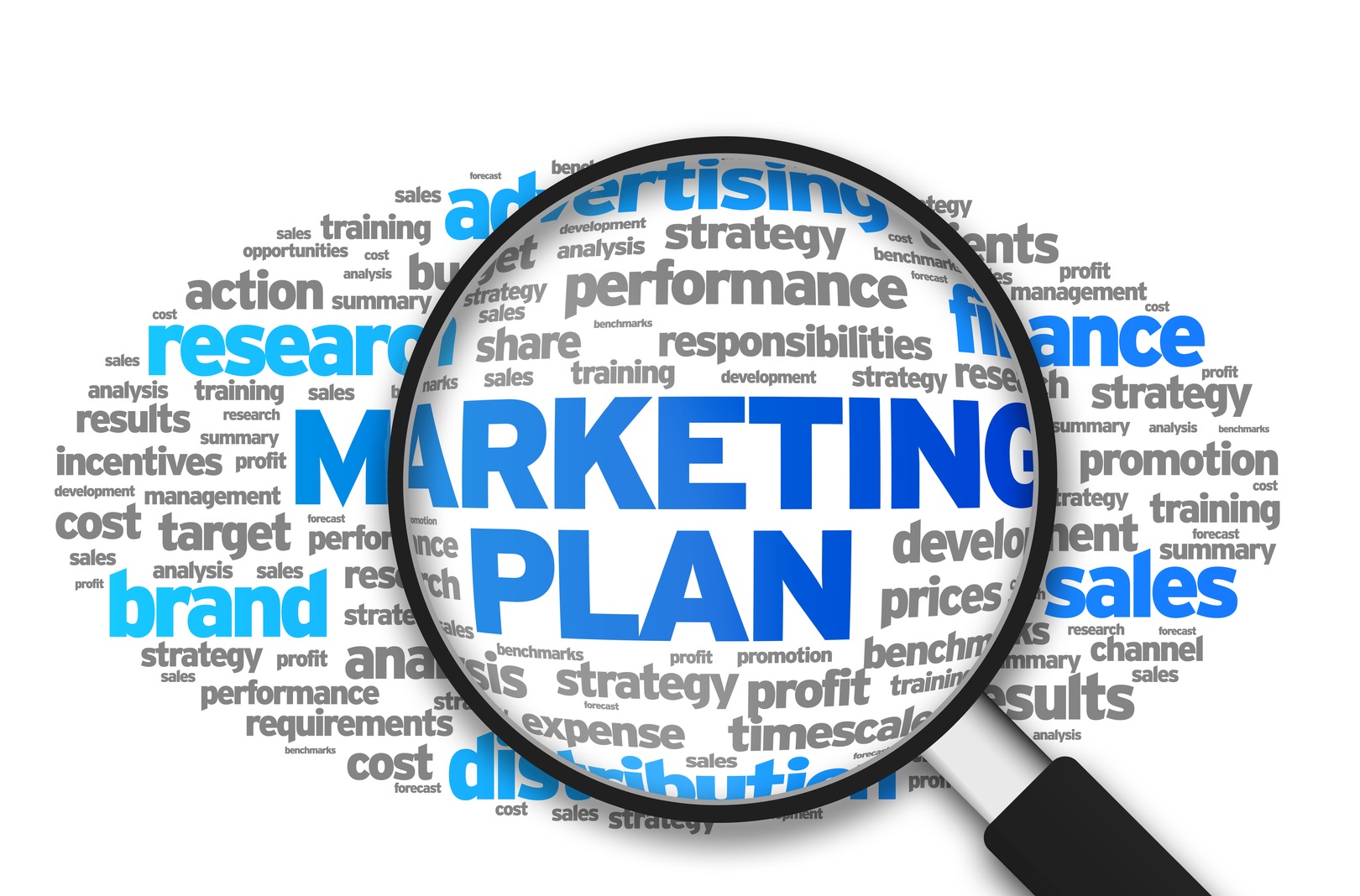 Magnified illustration with the words Marketing Plan on white background.